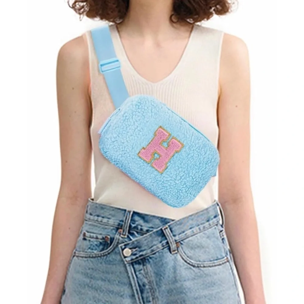 Fluffy Blue Kids Pouch with Pink Initial H